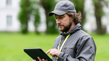 Fototapeta premium Man in a gray cap and jacket looking at a tablet outdoors