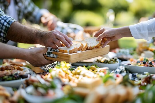 Friends enjoying a delightful outdoor picnic filled with sharing healthy, organic foods and bread on a sunny day.