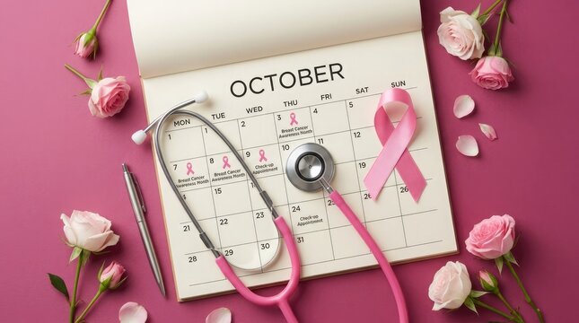 Breast cancer awareness month october calendar with roses stethoscope and check up reminders