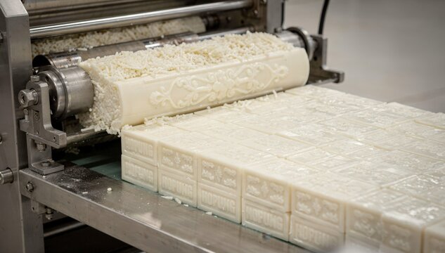 Medium shot of hotelsized soap bar extrusion highlighting compact soap noodles being cut embossed and stacked for hospitality packaging.
