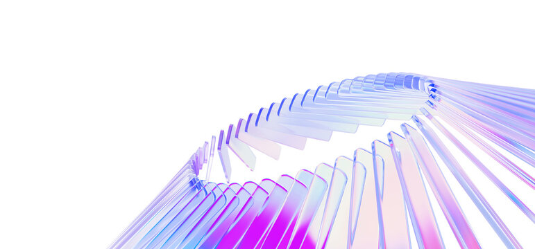 Glass line radial circle 3D pattern with holographic gradient on light blue background. Abstract render ring of rainbow crystal stripes. Futuristic tech design, circular motion effect