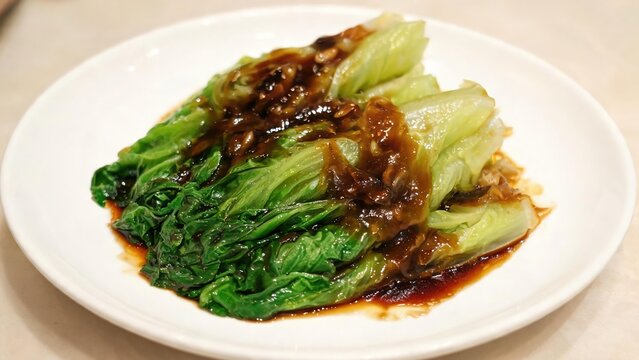Blanched Chinese Lettuce with Rich Oyster Garlic Sauce Served on Clean White Ceramic Plate, Classic Cantonese Vegetable Side Dish Authentic Asian Cuisine Food Photography
