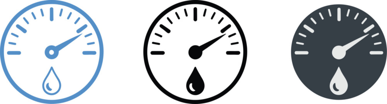 Hygrometer, icon set, humidity and moisture level gauge symbols, atmospheric water measurement indicators, weather monitoring and climate tracking concept, clean modern line art vector