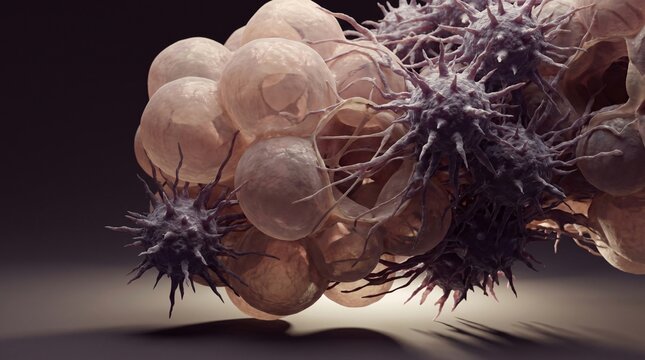 Microscopic view of cancerous cells with spiky structures interacting with spherical cell bodies