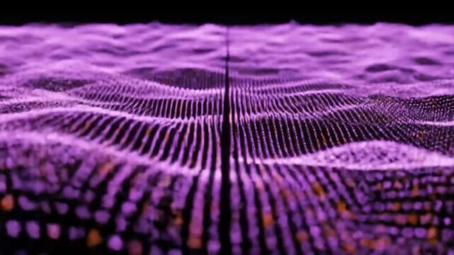 Abstract glowing purple particles wave background, digital sound wave visualization, futuristic motion graphics.