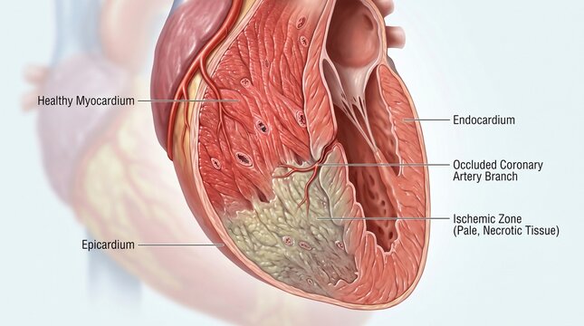 Detailed medical illustration of a human heart showing healthy and ischemic myocardial tissue with annotations