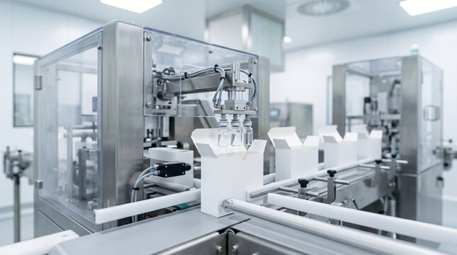 Automated filling machine in a cleanroom packaging pharmaceutical vials into white boxes