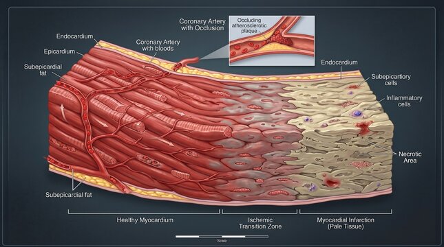 Anatomical illustration of healthy myocardium ischemic transition zone and myocardial infarction with coronary artery