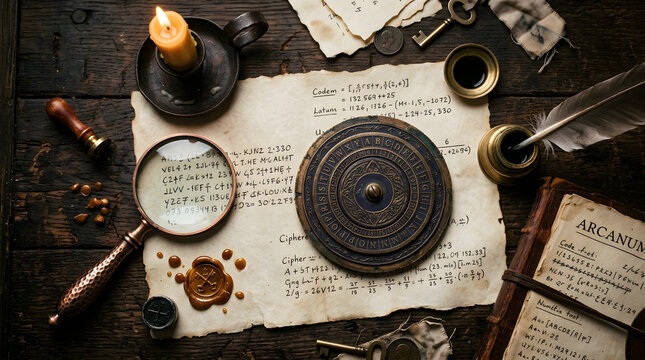 Macro Cryptographer Workspace with Indigo Cipher Wheel on Vellum and Copper Magnifying Glass