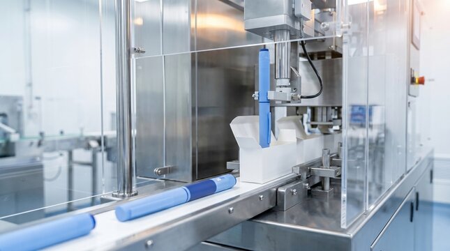 Automated packaging machine filling pharmaceutical products into cardboard boxes on a conveyor belt