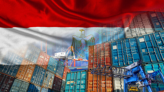 International trade, Egypt's maritime import and export, and the country's trade and economic relations. Illustrated with a bustling seaport filled with colorful shipping containers and industrial 