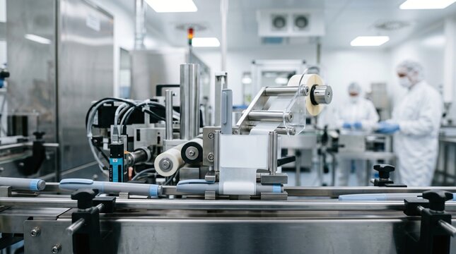 Pharmaceutical production line with automated labeling machine and sterile clad workers in background
