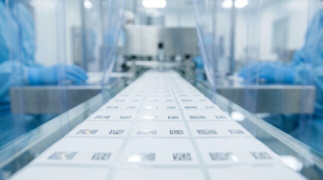 Rows of white labels with QR codes move on a conveyor belt in a cleanroom with blurred figures in blue protective gear