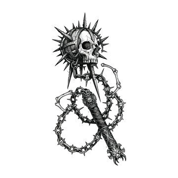 Spiked skull flail medieval weapon with chains gothic vector illustration.