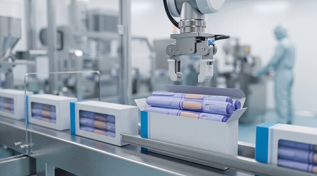 Automated robotic arm packaging medical devices on a cleanroom production line