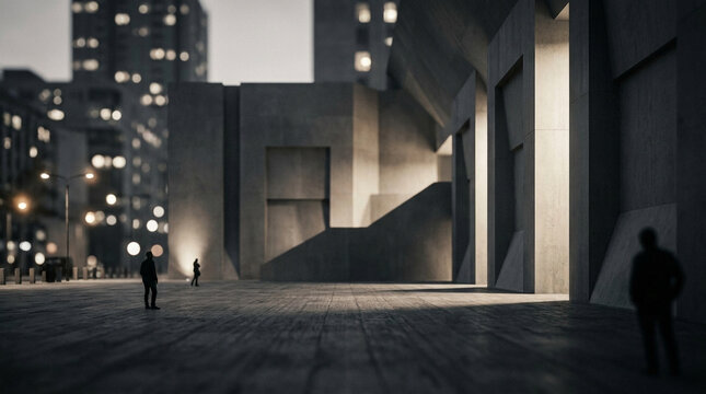 Silhouetted Figures in Modern Urban Landscape Setting