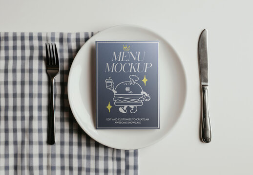 Minimal Restaurant Menu Mockup On Plate With FlatLay Table Setting