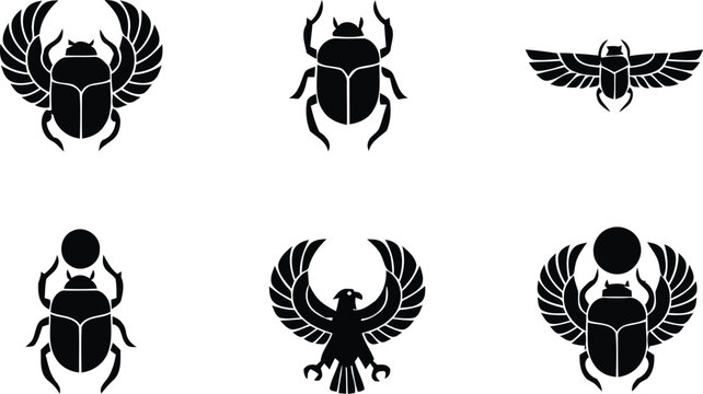 Ancient Egyptian Scarab Beetle and Winged Falcon Silhouette Vector Set