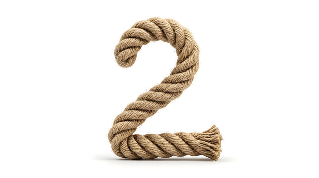 Number 2 Made of Realistic Brown Twisted Hemp Rope Isolated on Clean White Background