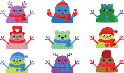 Adorable Christmas snowman collection with funny cartoon holiday characters in bright colors including bear cat and reindeer animal shapes © Sumaiya Akter Sweety