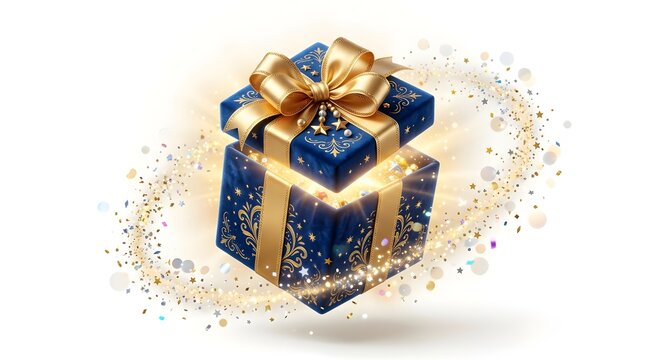 Golden Christmas Gift Box with Elegant Gold Bow and Ribbon Decoration