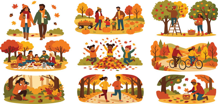 Diverse characters enjoying autumn outdoor activities set with pumpkin patch apple picking and picnic vector.