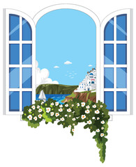 Obraz premium Mediterranean Coastal View Through Open Window with White Flowers
