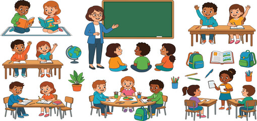 Happy diverse elementary school children learning in classroom setup with teacher and blackboard vector. © MDRIFAT