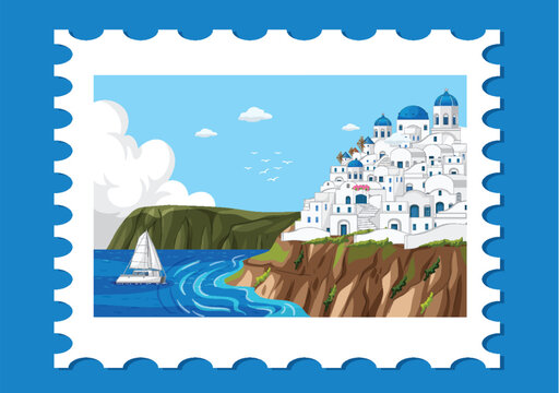 Mediterranean Coastal Village Vector Illustration on Postage Stamp Border