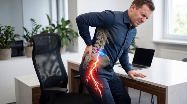 Man suffering from lower back pain in office. Employee with sciatica and spine injury. Medical illustration of nerve problem in waist. Chronic ache, healthcare and workplace health issue.