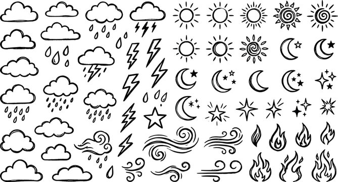 Hand drawn weather icons set, collection of clouds, sun, moon, stars, rain, lightning, wind and fire symbols isolated on white background