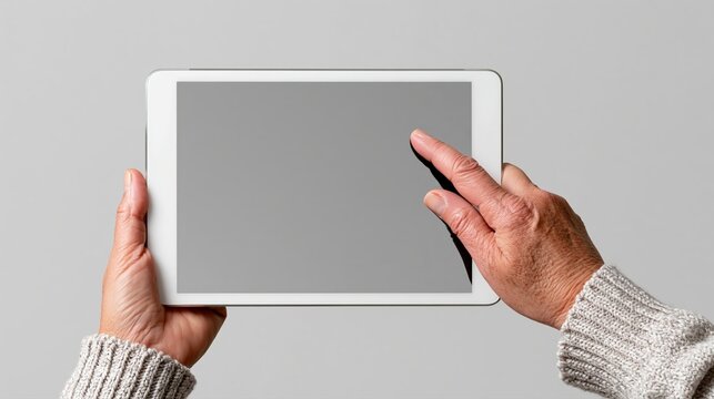 Mains &acirc;g&eacute;es tenant une tablette avec &eacute;cran vide pr&ecirc;t &agrave; &ecirc;tre utilis&eacute;