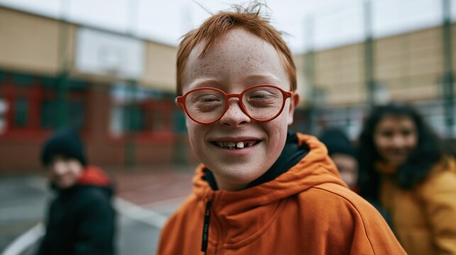 Enfant roux avec trisomie 21 souriant dans une cour d'&eacute;cole