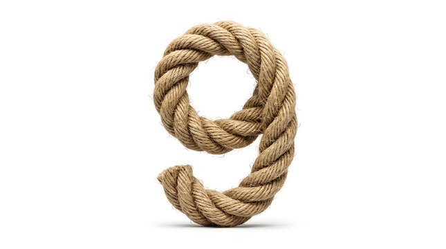 Number 9 Textured Jute Rope Typography Design Isolated on White Background for Logotype
