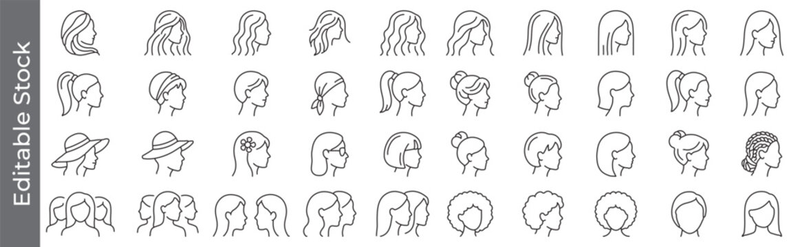 Female hairstyle and woman profile icon set &ndash; editable outline symbols of girl face, ponytail, bun, wavy, straight, curly, braided, short hair, headband, hat, and female profile elements