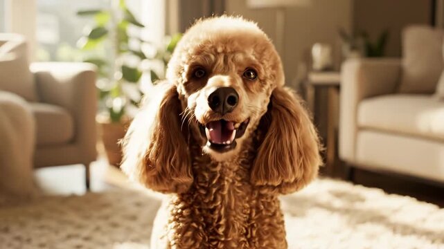 Portrait of a cute apricot poodle dog sitting on a fluffy rug in a cozy, sunlit living room