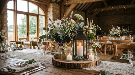Fototapeta premium Rustic Barn Wedding Reception Table Decoration with Floral Centerpiece