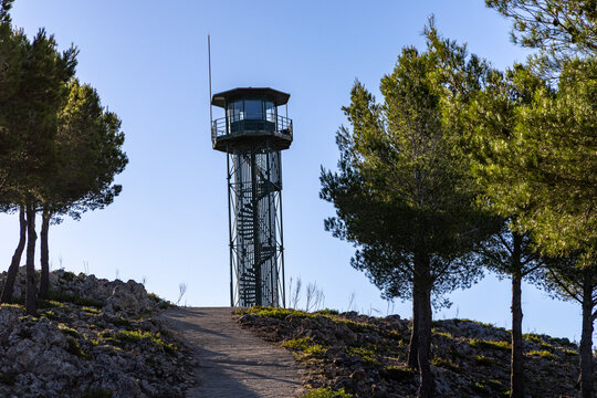 Observation tower on the top of a mountain Penyal des Migdia on the island of Mallorca, Spain.