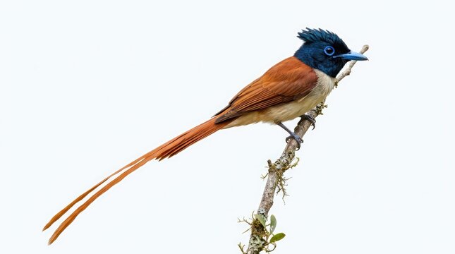 An Asian Paradise Flycatcher with its long, elegant tail feathers perched on a branch. The bird has a striking blue head and chestnut-colored wings.