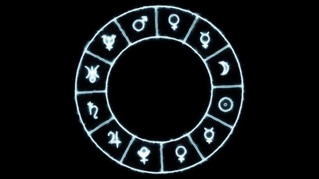 zodiac wheel with planet symbols rotating 360 loop with alpha channel
