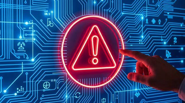 Close-up of hand pointing to glowing warning alert on computer screen with circuit board.