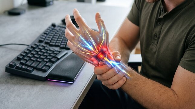 Man with carpal tunnel syndrome touching painful wrist at office desk. 3D digital illustration of nervous system inflammation. Concept of occupational injury, digital health and pain.