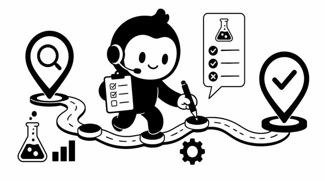 Cartoon monkey character with lab tools and icons.