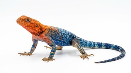 Fototapeta premium An Agama lizard with vibrant orange head and blue body on a white background