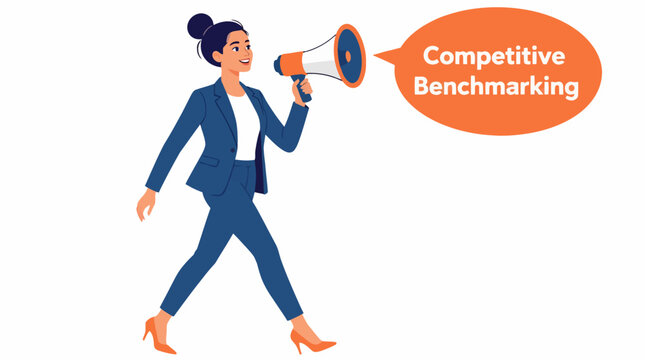 Businesswoman using megaphone for competitive benchmarking announcement.