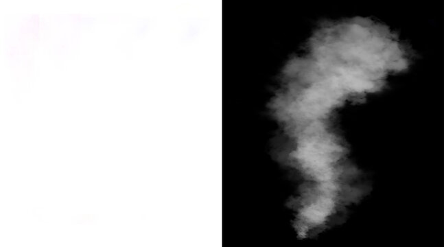 Atmospheric white smoke plume on black background, ethereal steam cloud texture, swirling mist and fog effect for design overlay