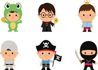 Cute cartoon boys costume set featuring a frog prince wizard sultan pirate and ninja dressing up for Halloween vector illustration isolated on white background.