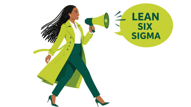 Woman in green coat using megaphone for announcement.