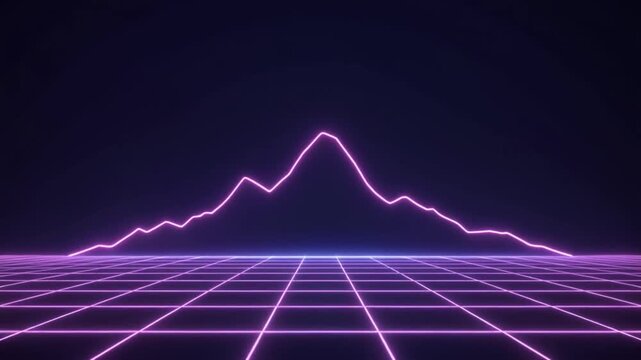 Retro futurism neon mountain landscape with grid