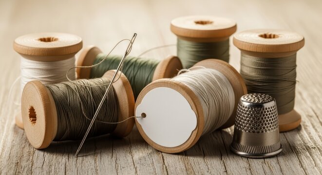 Sewing threads and thimble on wood.
